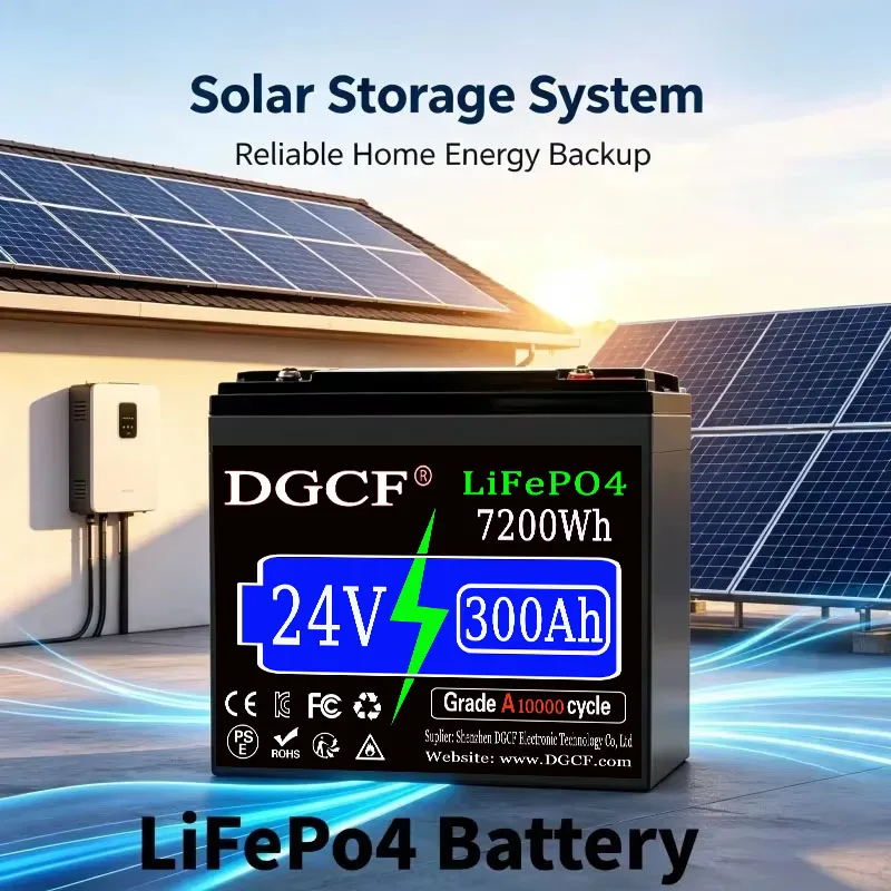 24V 300Ah LiFePO4 Lithium Battery, Built-in 300A BMS with Low-Temp, 15000+ Deep Cycles 10 Years Lifespan, 7200Wh, Customized