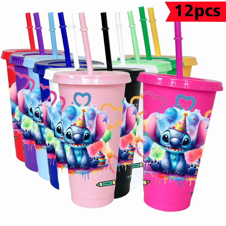 

12 шт./упак. Disney Stitch Love 26 унций цветной пластиковый стакан для дня рождения, питьевая посуда, кружка для сока, кофе