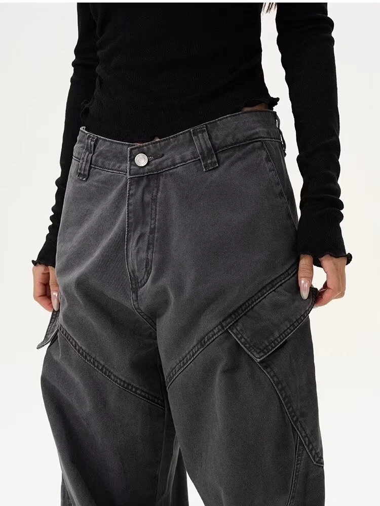 Women's Side Pocket Design Unisex Casual Pants High Waisted Straight Vintage 90s Streetwear Female Casual Loose Trouser