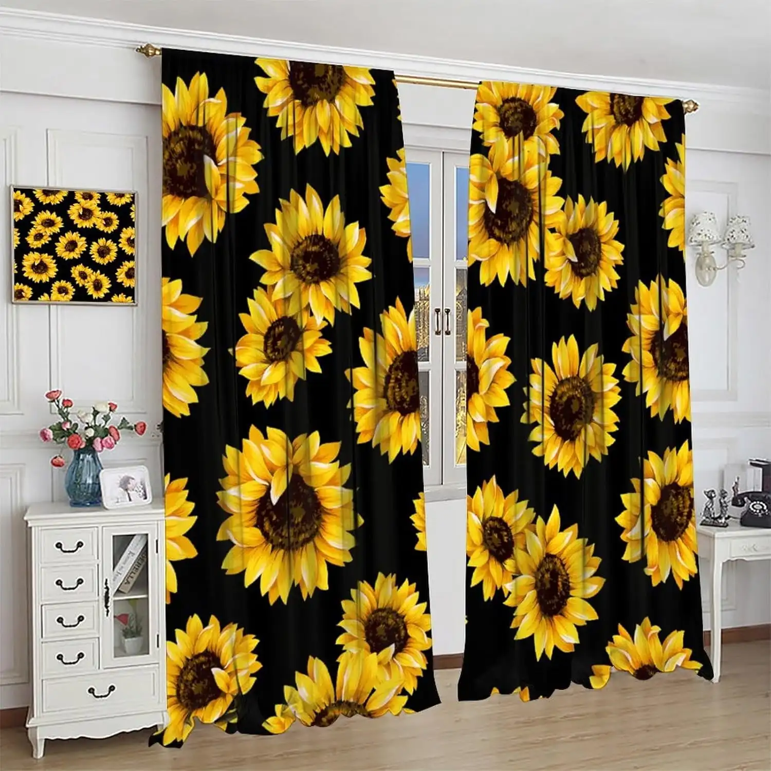 2pcs Curtains Peach Skin Polyester Sunflower Blackout Spring Flowers Art Printed Bedroom Living Room Kitchen Decor