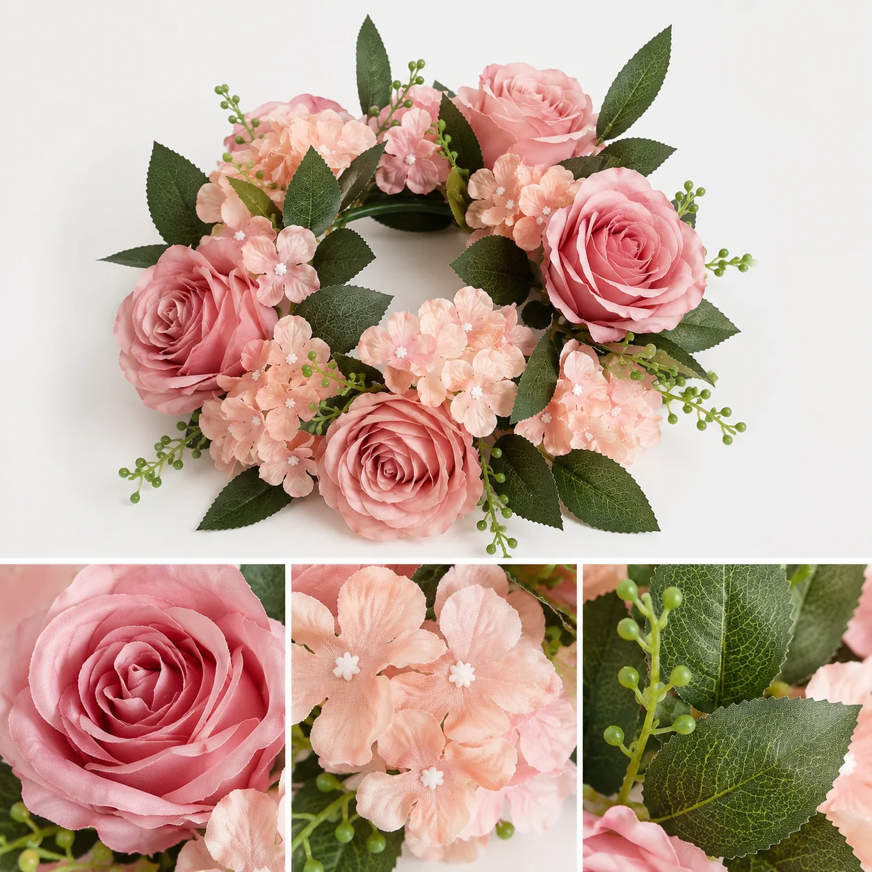 Artificial Rose Hydrangea Candle Ring Wreath, Floral Centerpiece for Wedding Table Party and Home Decor