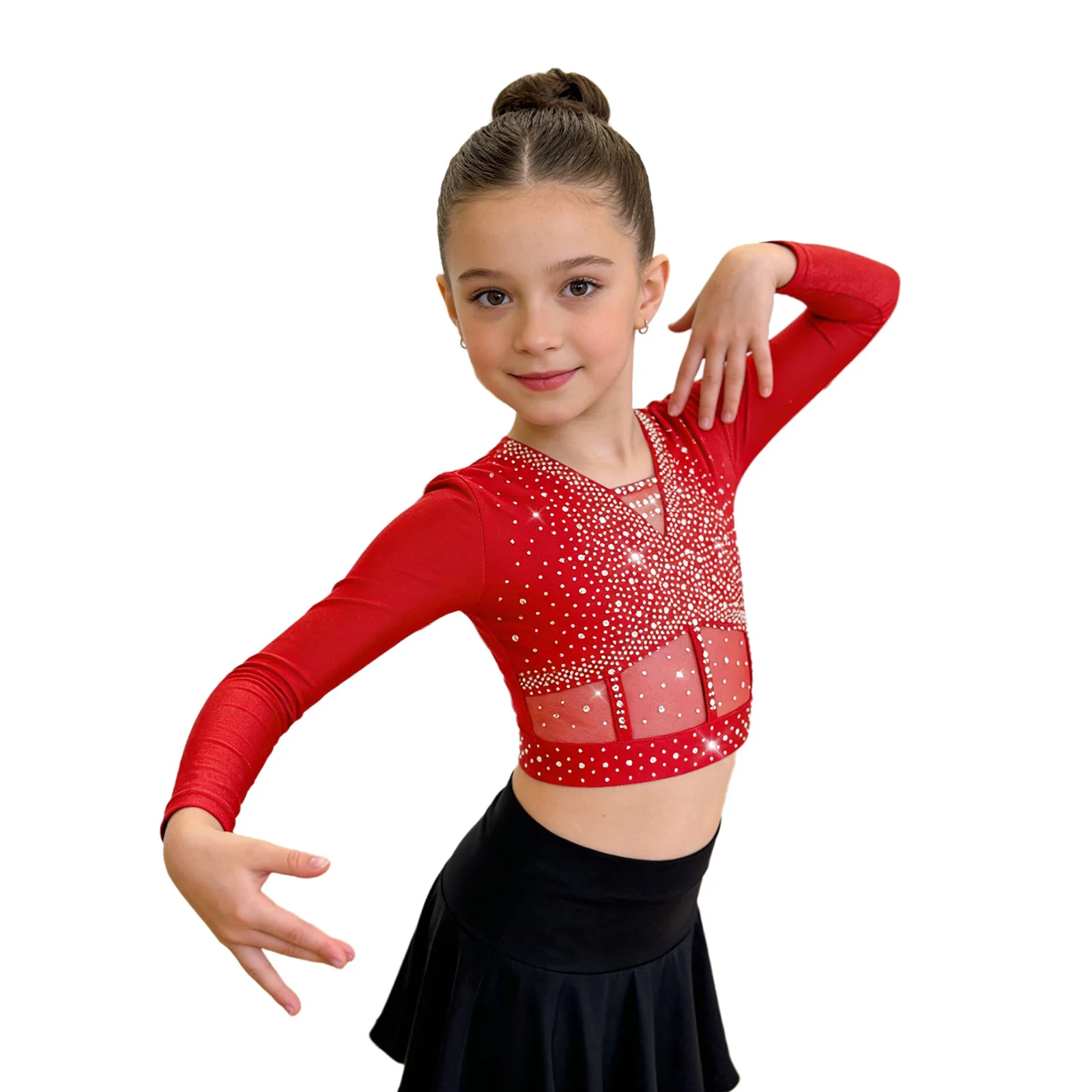 

Kids Girls Ballet Dance Gymnastics Tops Shiny Rhinestones Long Sleeve Mesh Crop Top Lyrical Figure Skating Jazz Modern Dancewear