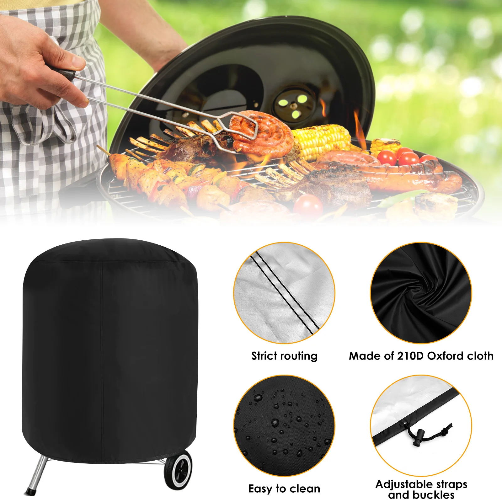 Grill Cover Waterproof Round BBQ Grill Cover Heavy Duty Outdoor Camping Barbecue Charcoal Fire Pit Stove Protection Cover