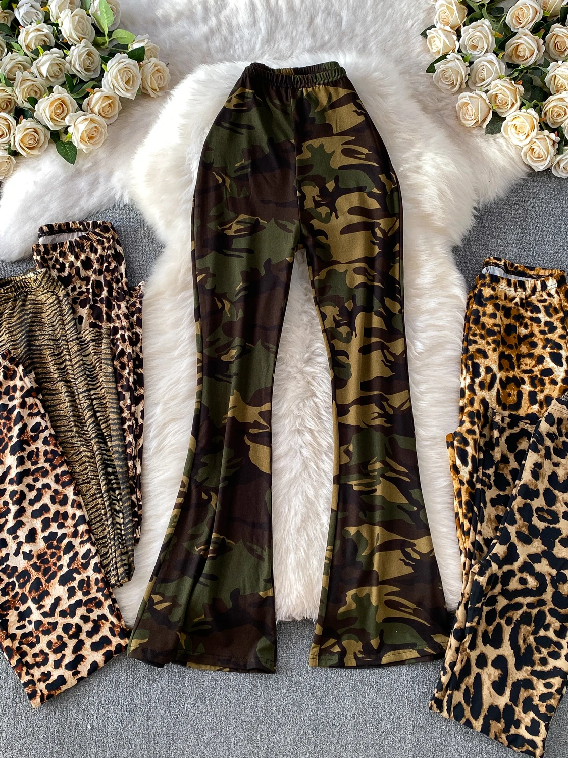 American Style Fashionable Camouflage High Waist Bell Bottom Pants Women Summer Slimming Tall Body Long Trousers