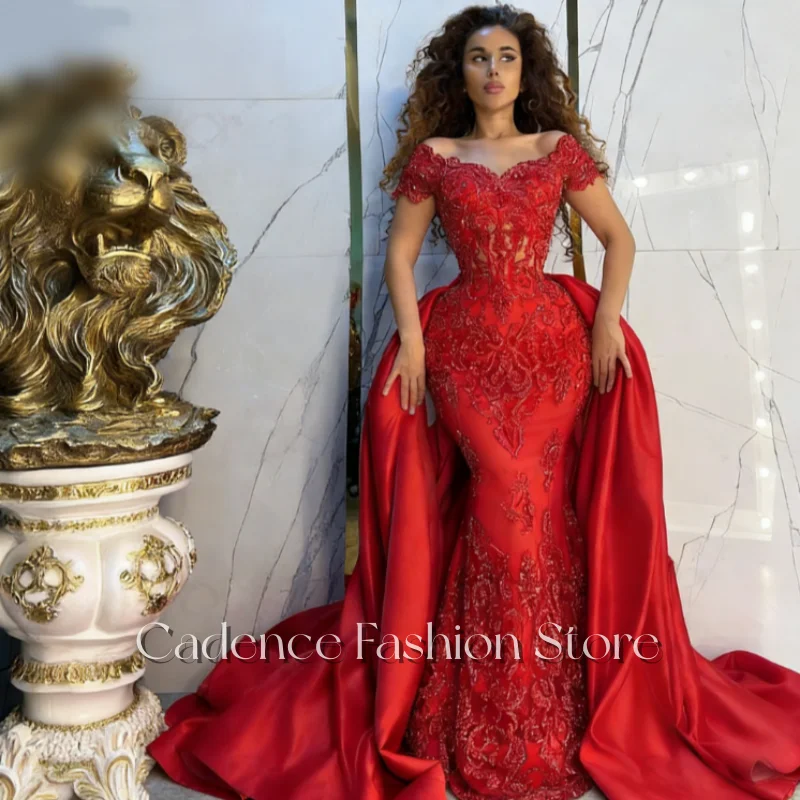 Customized Luxury Beaded Elegant Celebrity Dress Lace Beaded Fishtail Dubai Style Red With Detachable Trailing Party Evening Gow
