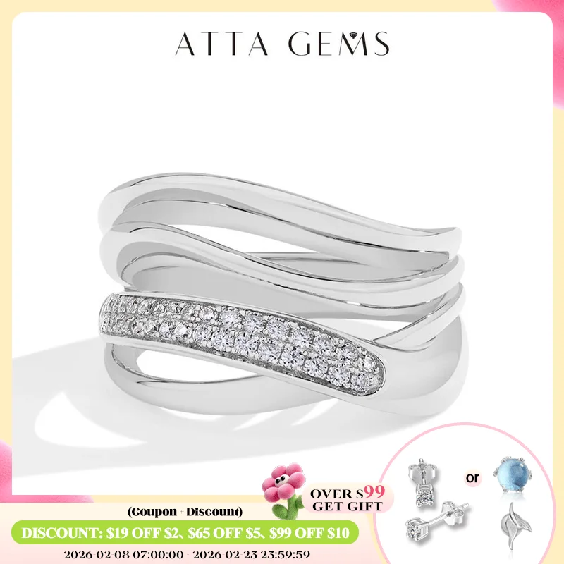 

ATTAGEMS 2024 S925 Moissanite Ring for Women Sliver 18K Gold Plated D VVS1 Diamond 4-layer Line Wedding Jewelry Party Daily Gift