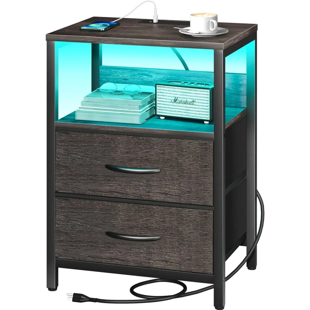 

Nightstand with Charging Station, LED Night Stand with Fabric Drawers and Storage Shelf for Bedroom, Nightstands Bedside