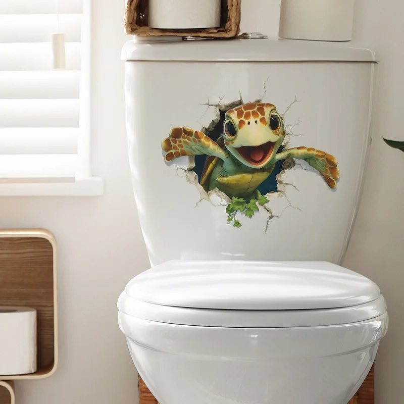 Creative Little Turtle Breaking Through the Wall Bathroom Wall Decal for Toilets  Self-Adhesive Home Decor Turtle Sticker