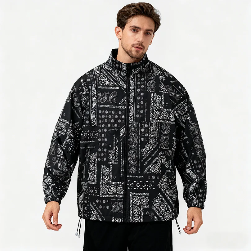 Bandana Print Men's Windbreak Graphic Jacket Soft Fashion Polyester Thin Hip Hop Varsity Y2K Male Coat for Spring SummerA1
