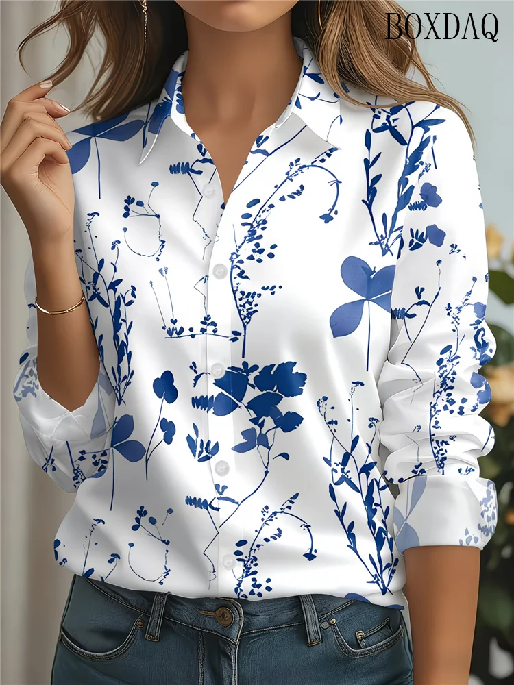 Women's Lapel Long Sleeve Shirts Women's Fashion Casual Loose Flowers Pattern Print Blouses Ladies Daily Outdoor Autumn Clothing