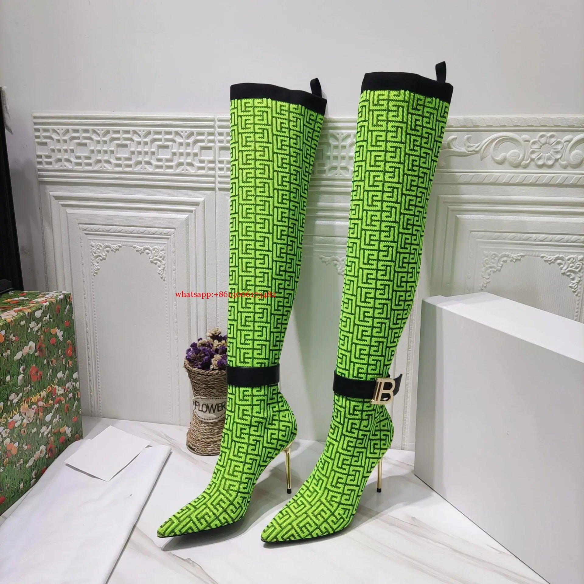 Sexy Lady Design Pointed Toe Metal Buckle Stretch Sock Boots Winter Over-The-Knee Stretch Pointed Belt Buckle Sock Boots Woman