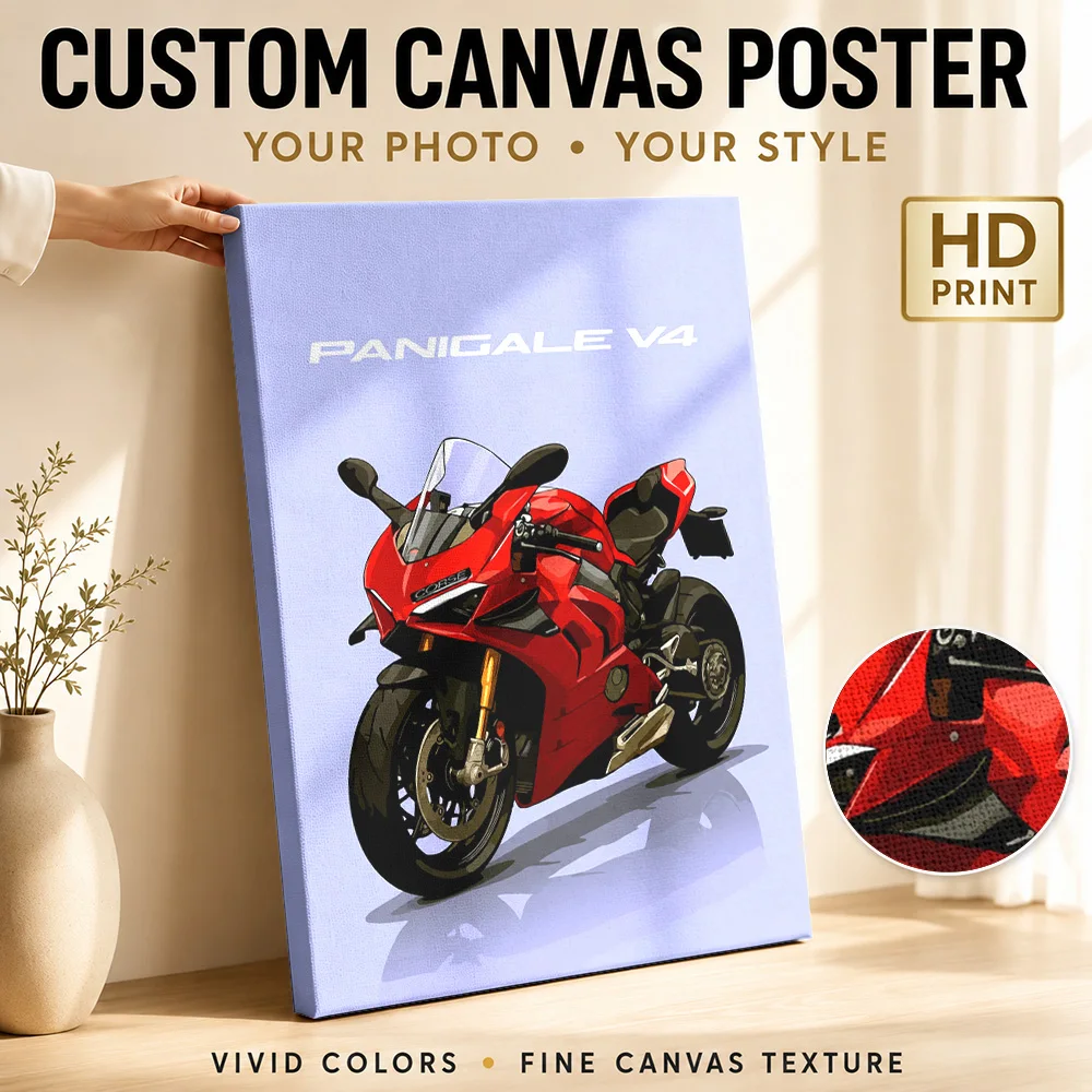 Italian Panigale V4 Motorcycle Canvas Poster Personalized Photo Bold Contours And Flat Colors Wall Art For Garage Biker Gift