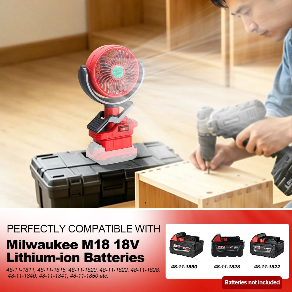 Portable Clip Fan Compatible with Milwaukee 18V Battery, Battery Powered Fan with Dual USB Charging, Cordless Fan with Adjustabl