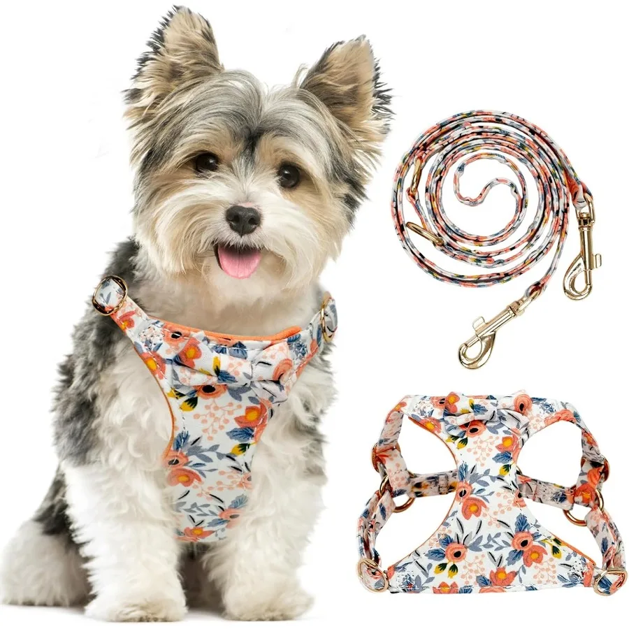 XXS الكلب تسخير والمقود مجموعة خفيفة الوزن الحيوانات الأليفة يسخر مع ربطة عنق لطيف الأزهار Patterdjustable الهروب برهان جرو سترة اضافية S