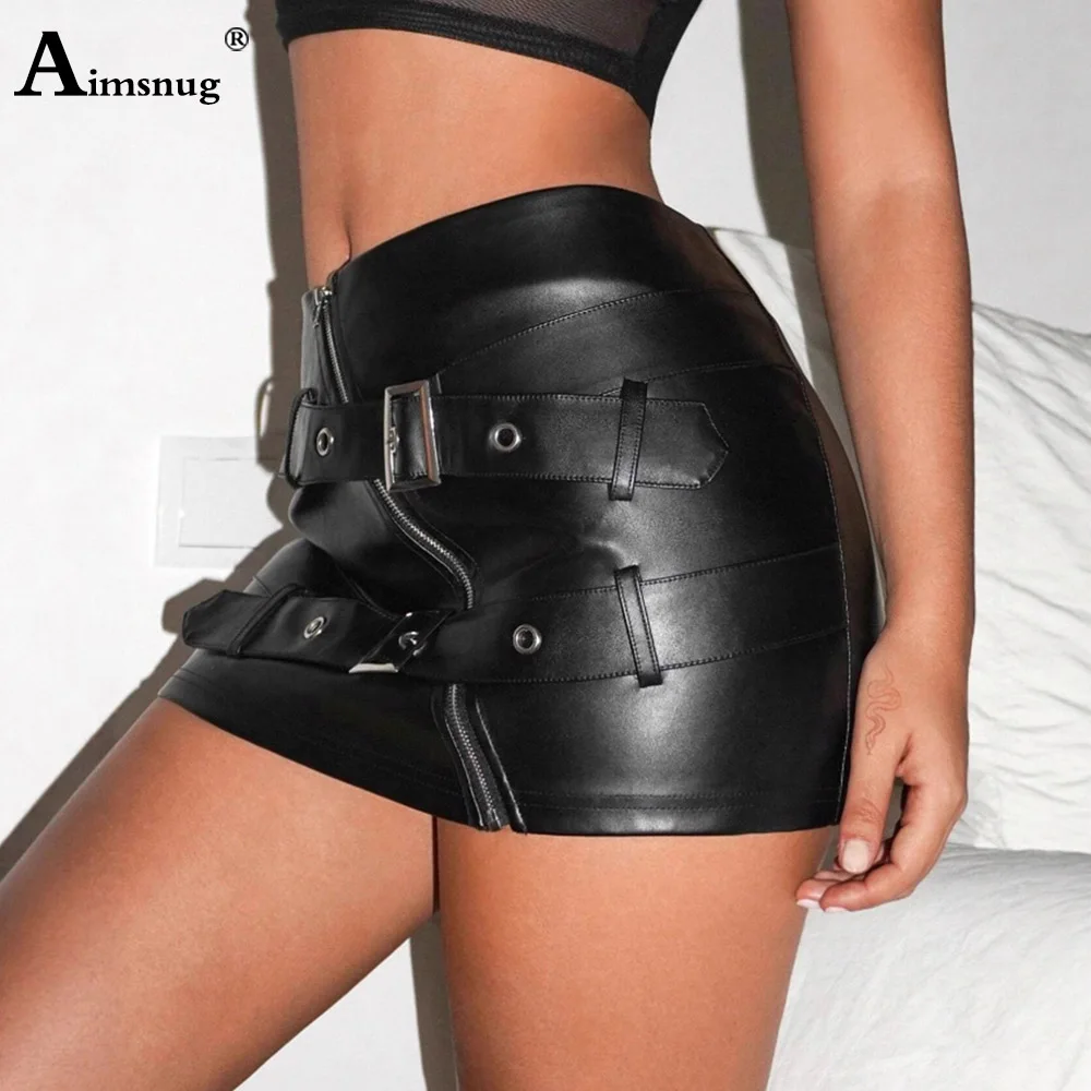 Women Fashion Bandage PU Leather Short Skirts 2025 America And European Sexy Zipper Fly Dance Club Skirt Ladies Mini Bodycon New