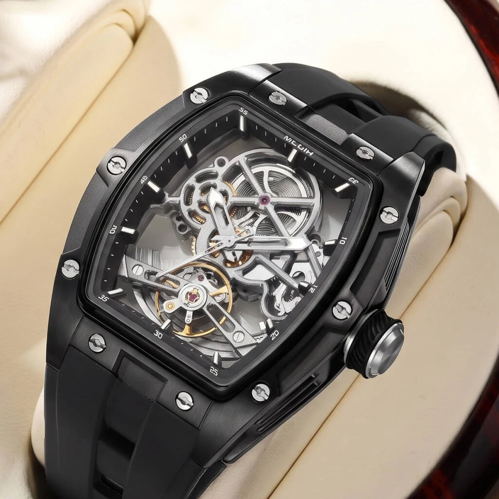 MEGIR Men Tonneau Skeleton Automatic Mechanical Watch Hollow Dial Silicone Strap Waterproof Luminous Sport Wristwatch