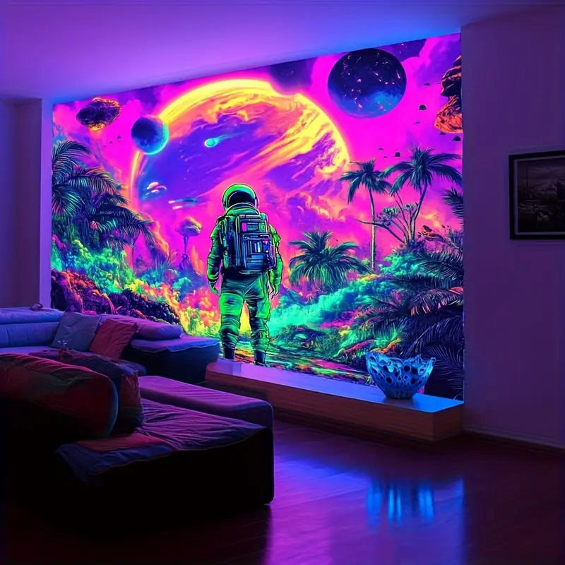 VIKAMA Tropical Palm Alien Astronaut Interstellar Secret Realm Tapestry, Cyber Wall Hanging for Bedroom Decor