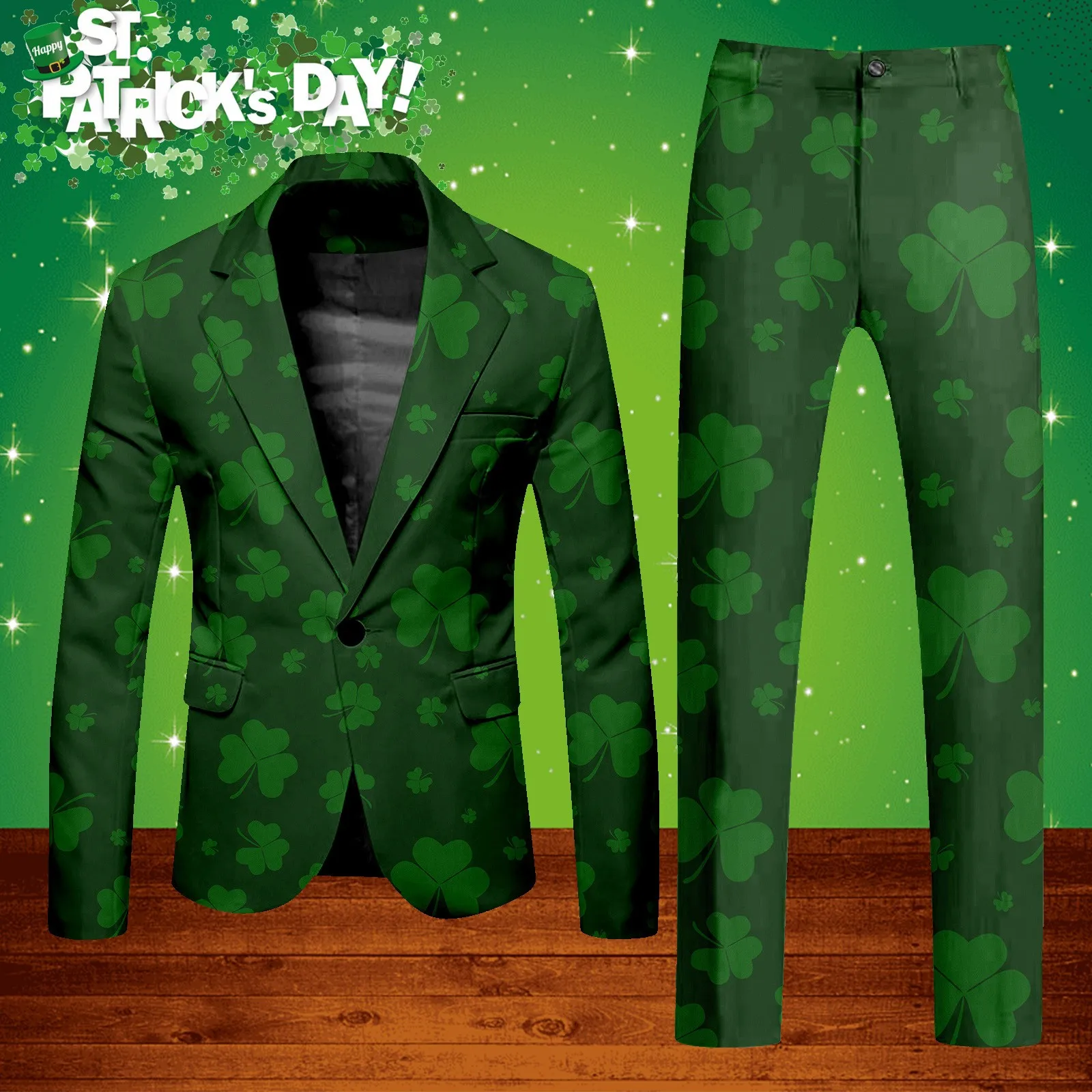 Plus Size Clovers Print Green Men's Suits Outfits St. Patrick's Day Formal 2 Piece Set Single Button Blazer Jacket+Pant Sets