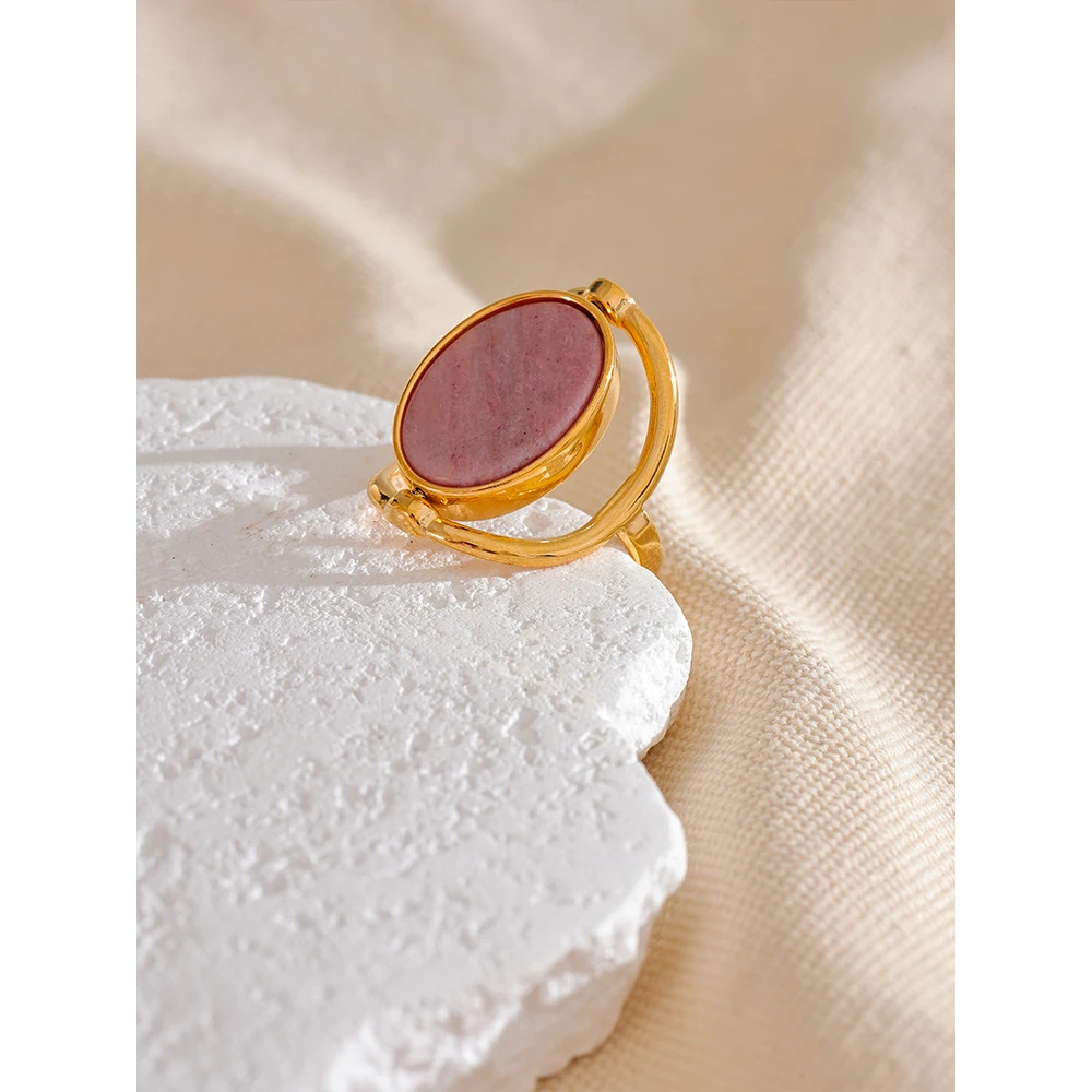 Yhpup Exclusive Natural Stone Shell Rotatable Open Ring France Exquisite Stainless Steel Unique Jewelry for Fashionable Women