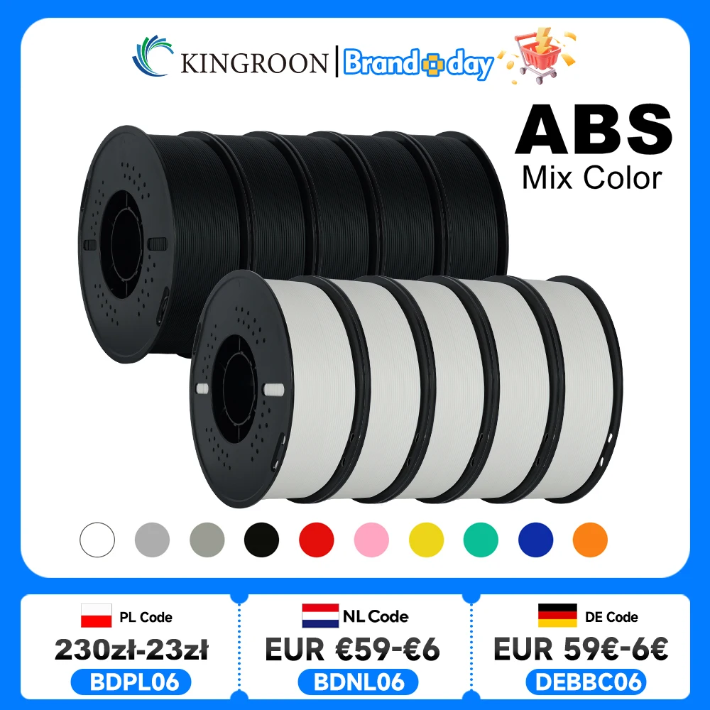 KINGROON 5KG(11LBS) ABS Filament 1.75mm High Strength Toughness 3D Printer Material Black White Multicolor ABS 1kg*5 Roll
