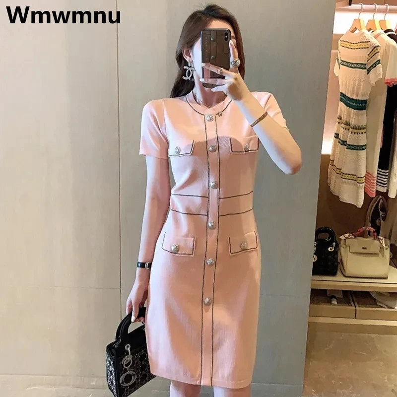 Korean Summer Thin Knitted Dress Slim Bodycon Short Sleeve Vestidos Women Ice-silk Casual Kleid Elegant Knitwear Dresses