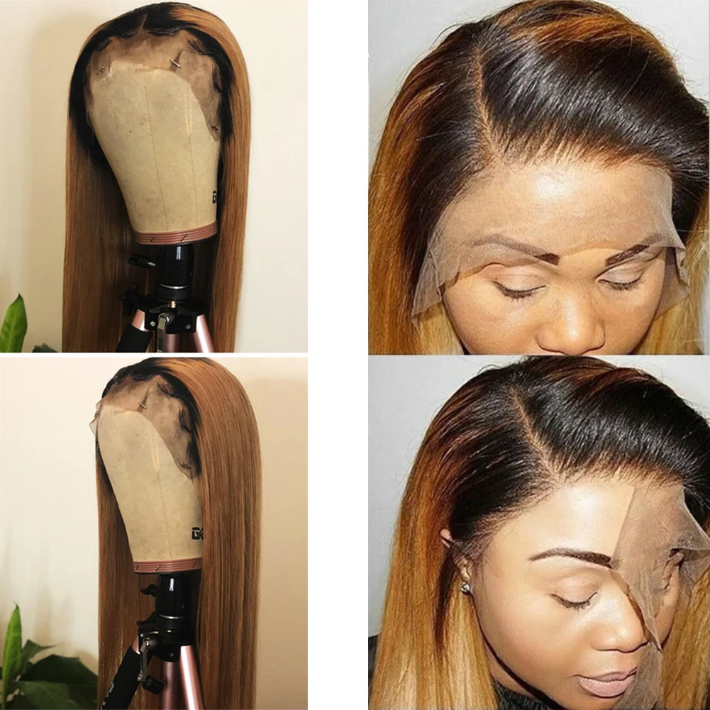 Peluca lisa de encaje frontal para mujeres negras, pelo de bebé predespuntado sin pegamento, 26 pulgadas de largo, Marrón degradado, Rubio, sedoso, suave, densidad de 180