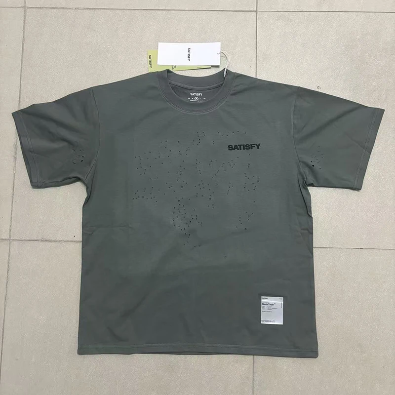 SATISFY Men Short Sleeve T Shirt Starry Hole Destroyed Crew Neck Tee Streetwear