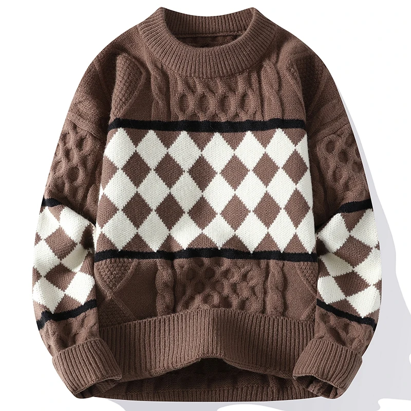 2023 New Winter Fashion Handsome Knit Sweater Men Pullovers Thick Warm Harajuku Style Argyle Sweaters Mens Autumn Loose Clothing