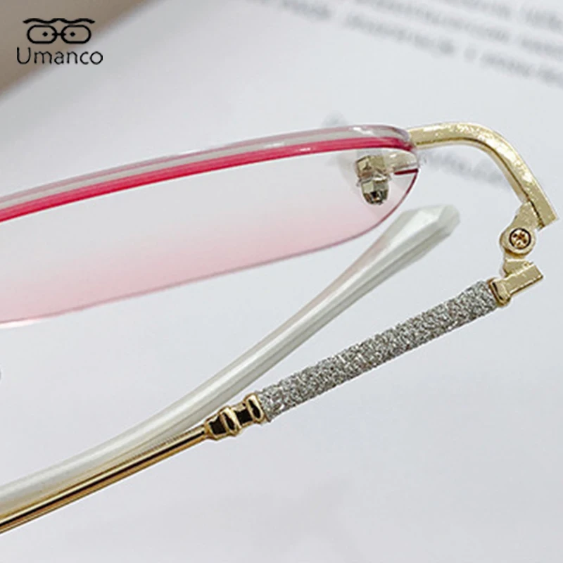 Gradient Pink Lenses Square Rimless Nearsighted Glasses Women Gold Frame Anti Blue Light Computer Glasses Prescription Eyewear