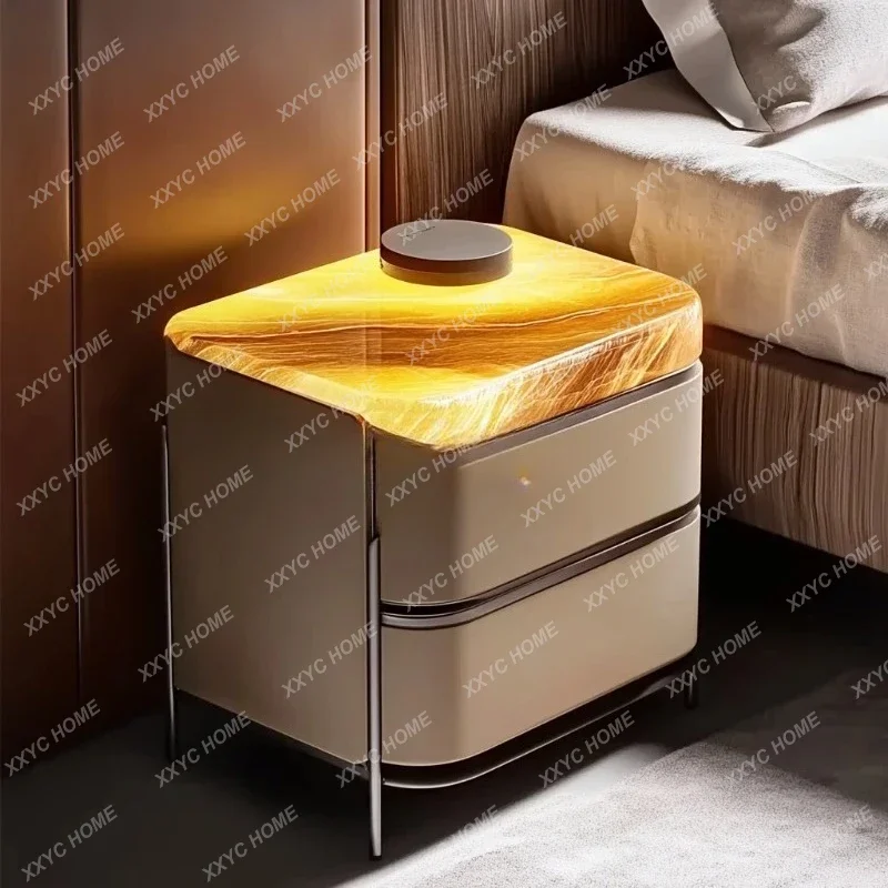 

Luminous jade bedside table Modern minimalist design Natural marble Bedroom High-end furniture Locker
