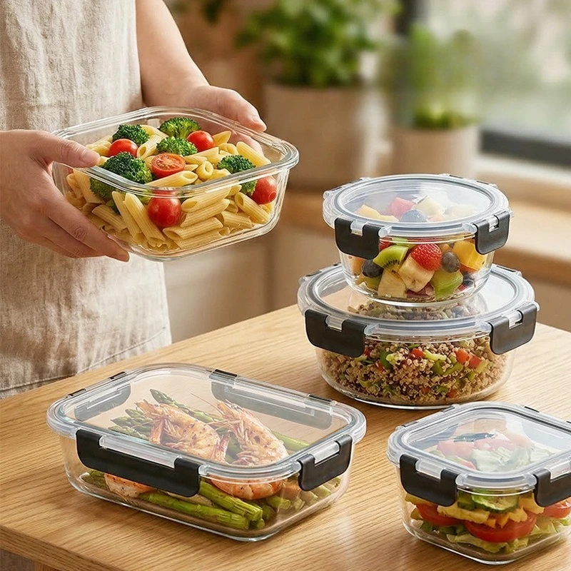 2 Stück Glas-Lebensmittelbehälter in den Größen L, M, S für Gemüse und Obst, Kühlschrankbehälter, Lunchbox, Mahlzeitenbehälter für Studenten