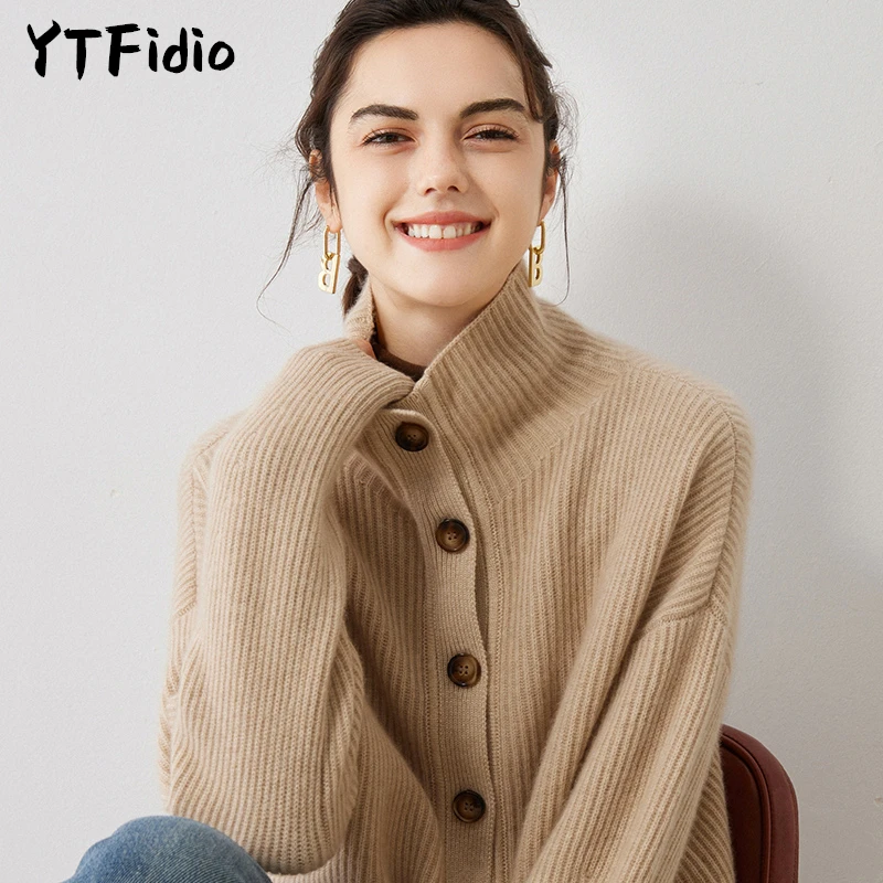 YTFidio 100% Cashmere Women Basin Necked Cardigan Warm Soft Buttons Cardigan Office Lady Solid Pullover Female Tops 14