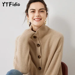 YTFidio 100% Cashmere Women Basin Necked Cardigan Warm Soft Buttons Cardigan Office Lady Solid Pullover Female Tops 14