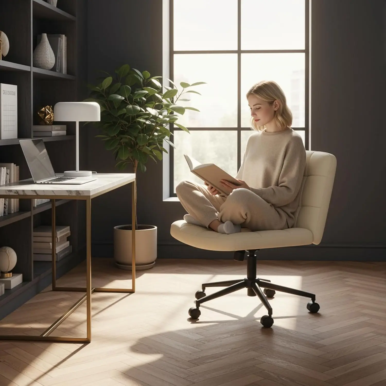 Office Chair Wide Cross-legged Chair Sitting, Ergonomic Height-adjustable Criss-cross Chair Without Armrests, for Home Office