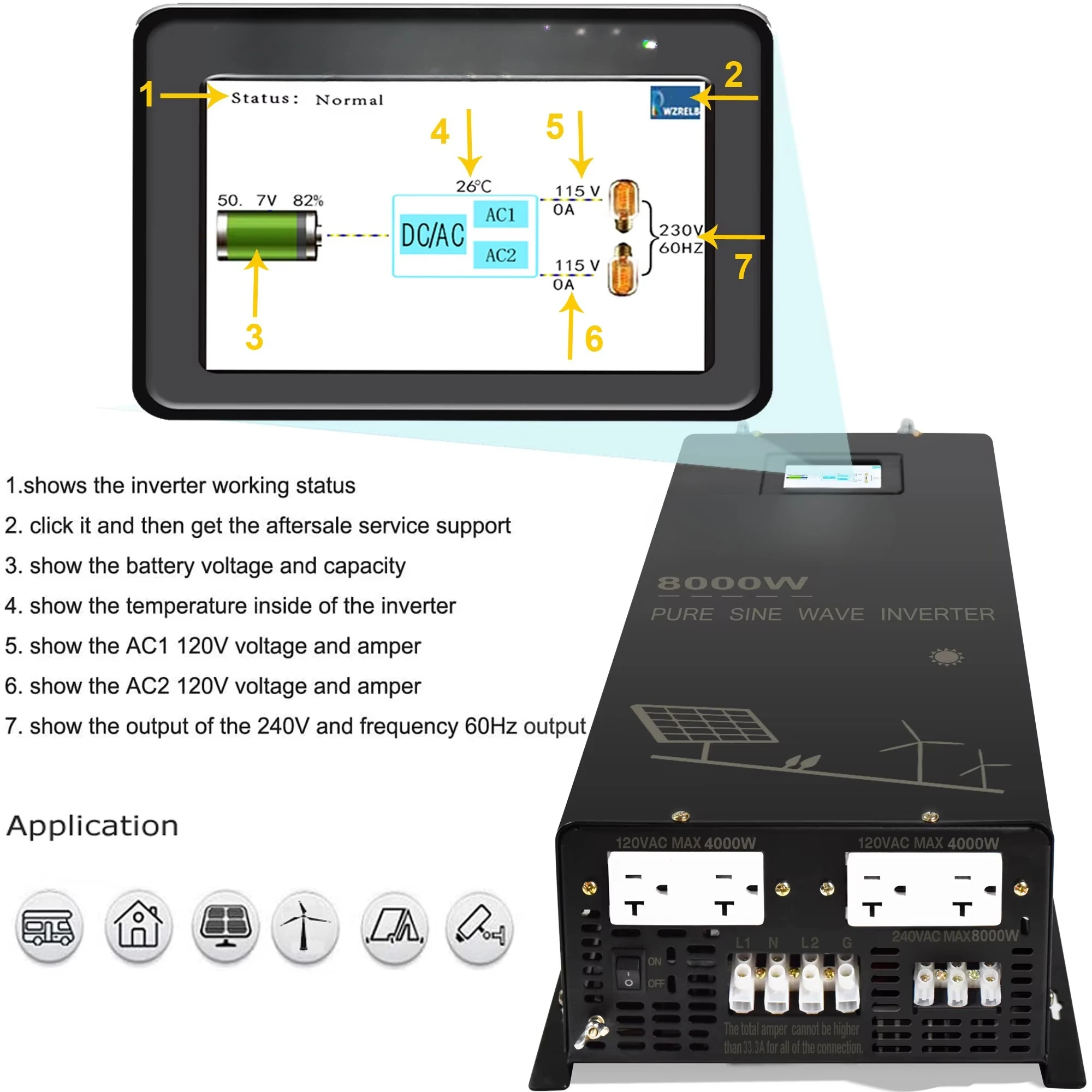 Split Phase Inverter 8KW Pure Sine Wave Dual off Grid Power Converter 24V/36V/48V DC to 110V/220V/120V/240V AC 50/60Hz