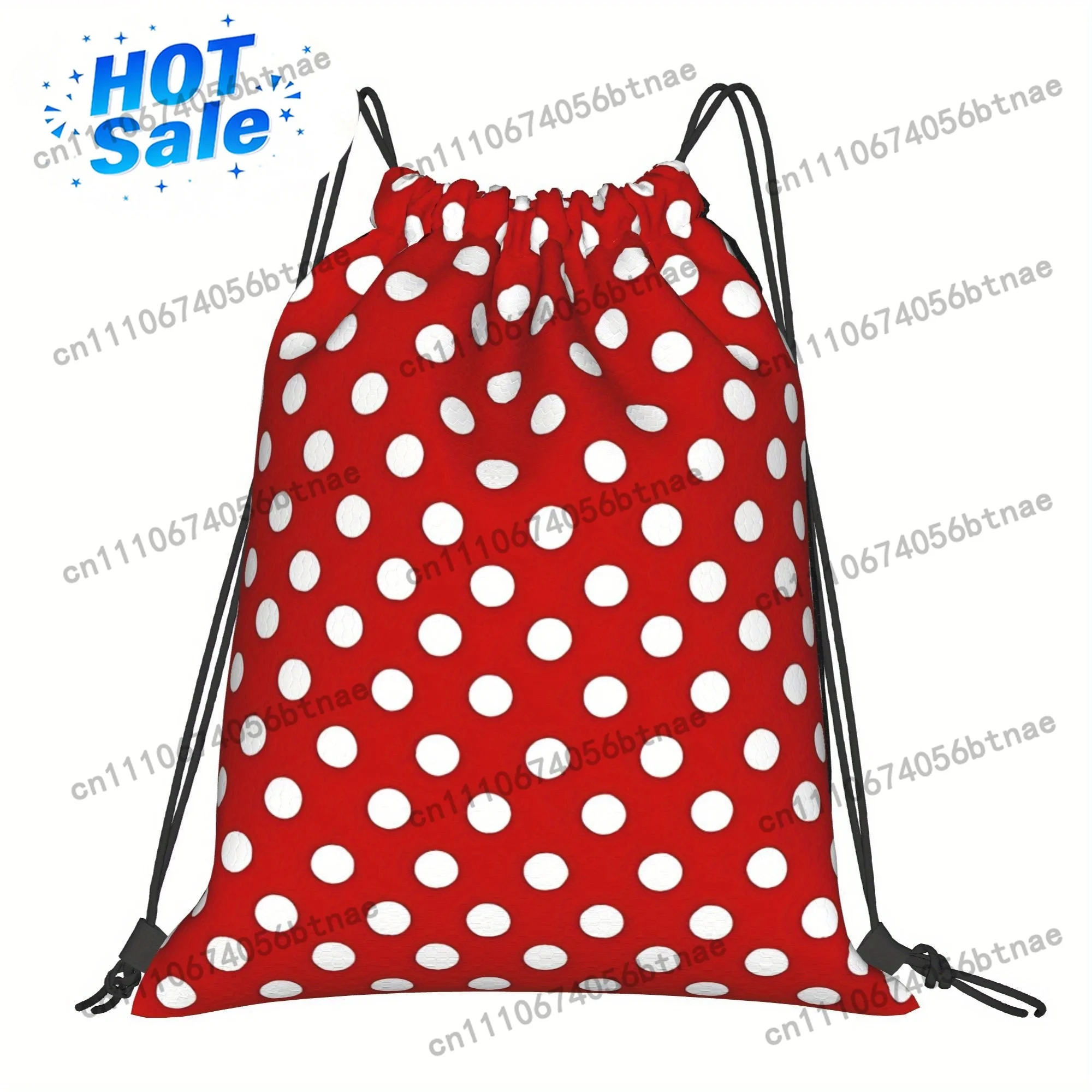Red & White Polka Dot Drawstring Bag - Durable Polyester, Machine Washable, Comfortable Shoulder Straps with Utility Pocket, Per