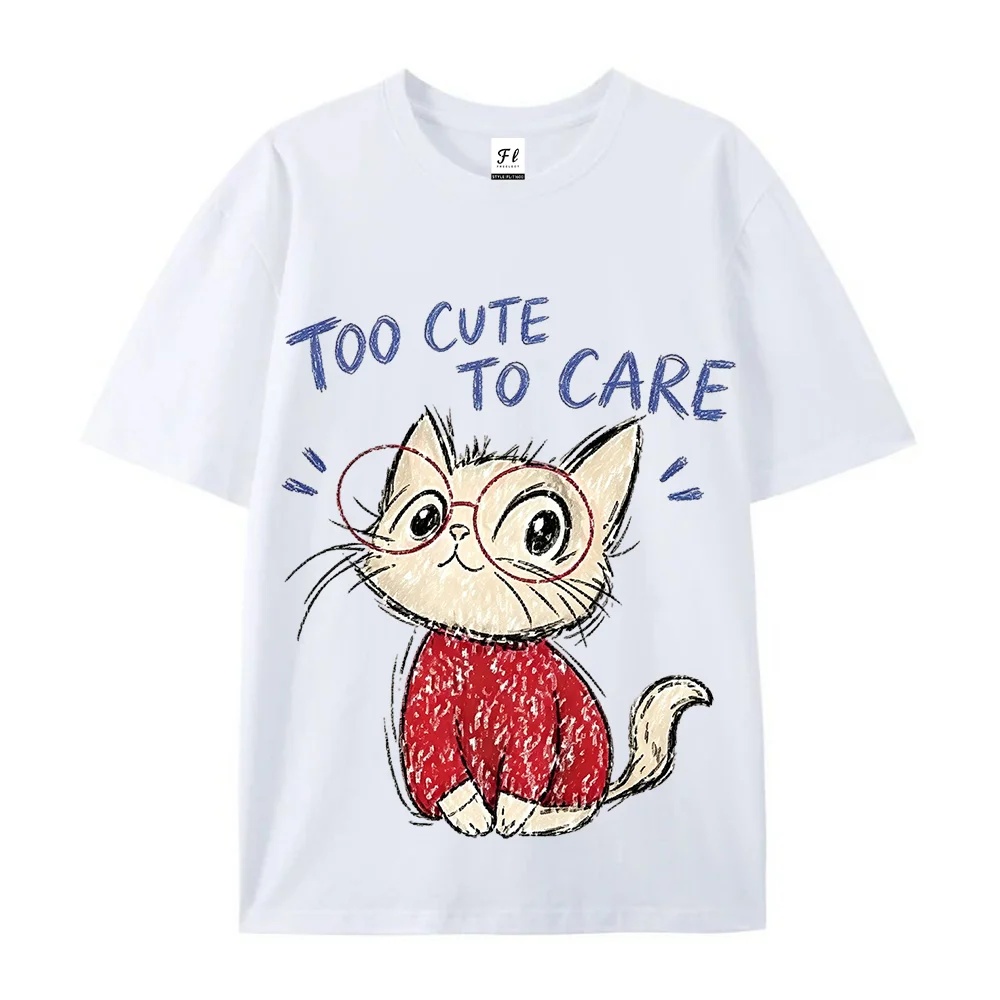 Too Cute To Care Cat T Shirt Funny Doodle Graphic Tees Vintage Loose Fit Cotton Short Sleeve Summer Tops Gift for Cat Lovers