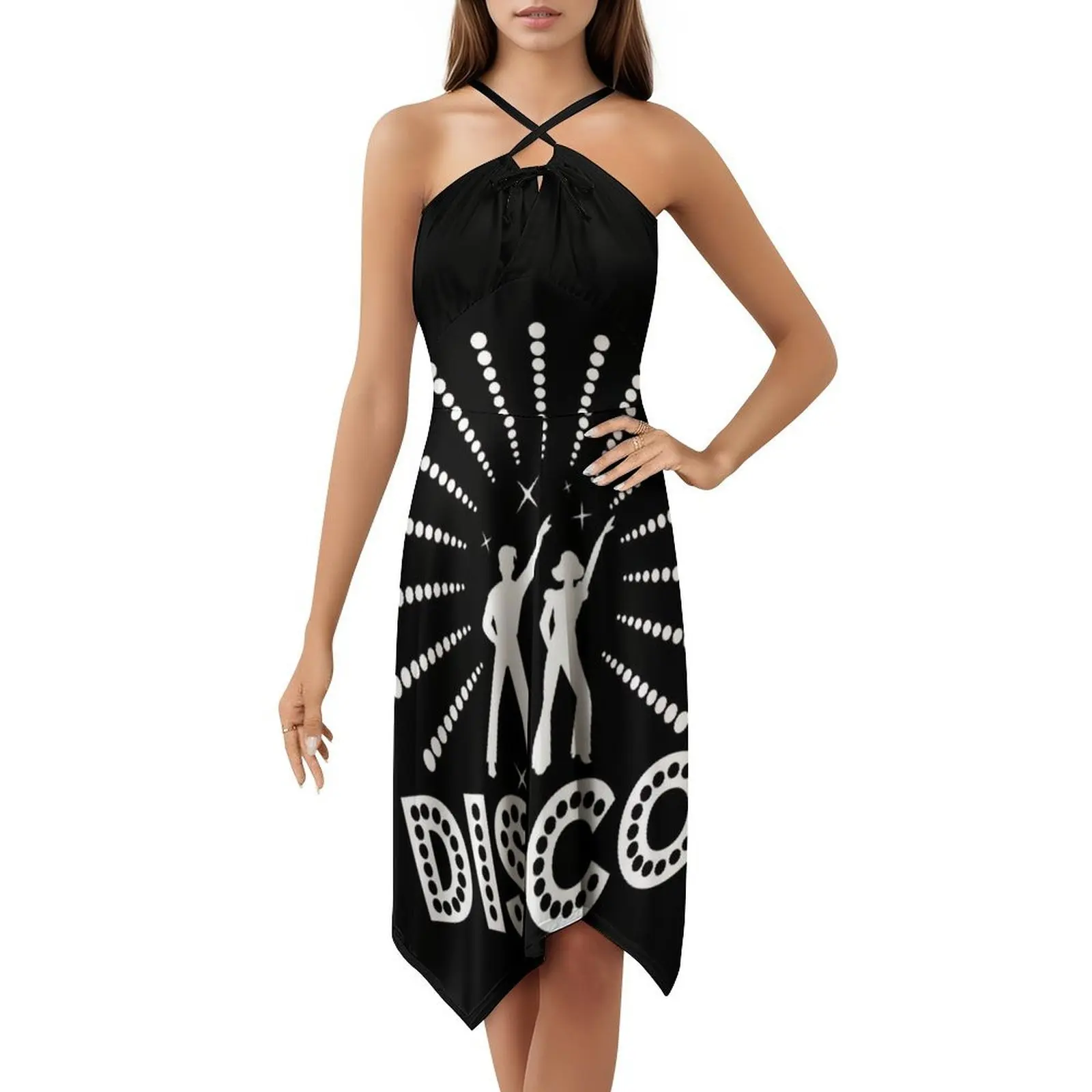 الأبيض والأسود 70S ديسكو حفلة ديسكو ديسكو موضة نمط Preppy فستان قصير للنساء ألف خط فضفاض صالح فستان يوم غير رسمي Disko #5