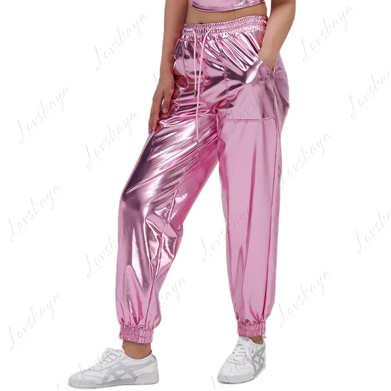 Women's Pants - Street Trend Gold-stamped Ankle-length Pants - Sporty Style Shiny Leather Loose Performance Outfit