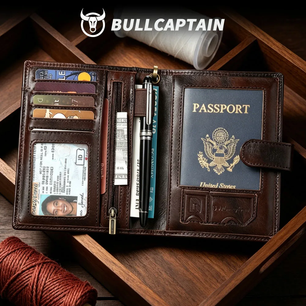 BULLCAPTAIN Genuine Leather Passport Wallet Card Holder Coin Purse  Men Travel Wallet Women‘s Purse RFID Passport Cover Bag
