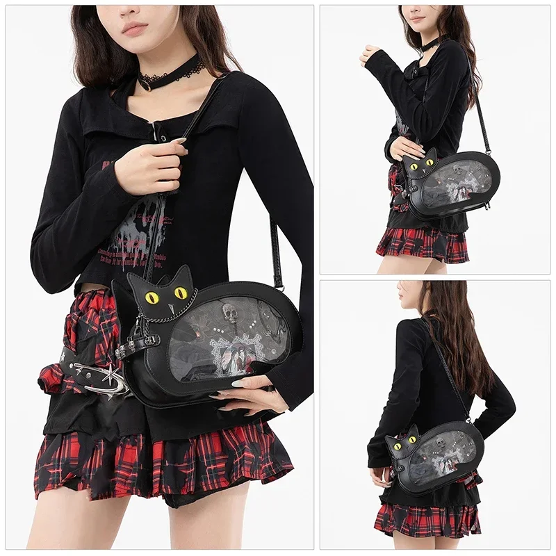 Gotische Schwarze Katzen-Ita-Tasche für Damen, Niedliche Umhängetasche mit Klarsichtfenster, Harajuku Mini-Schulter-Messenger-Tasche – Detail 7