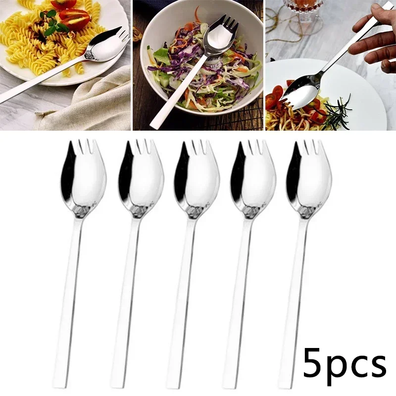 5pcs Stainless Steel Spork Soup Salad Noodle Spoon Fork Cutlery Tableware Anti-fall Corrosion Resistant Kitchen Accessories