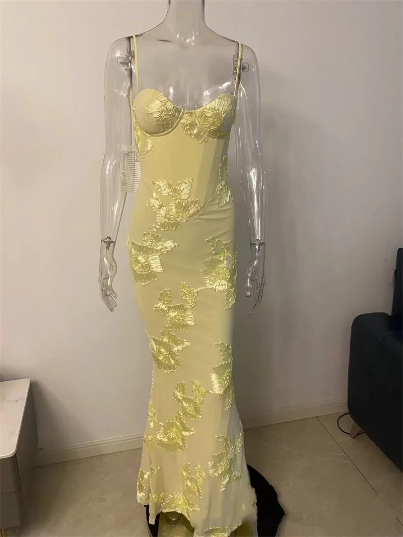Spaghetti Strap Embroidered Flowers Women Evening Dress Lace Up Deep-V Neck Bandage Gown Yellow Black Backless Party Skirt