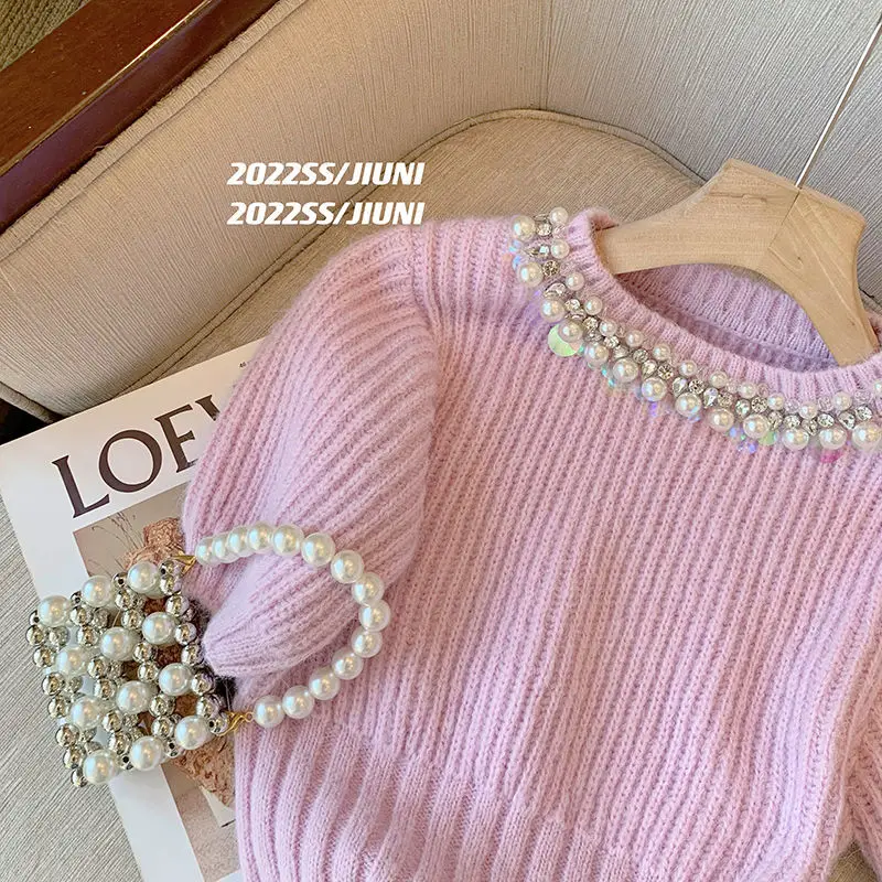 Jumpers Pink Purple Pearl Short Sleeve Sweater Women\'s Summer New Korean Lantern Rhinestone Knitwear Top Pull Femme Beaded