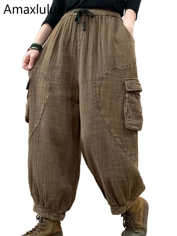 

Amax luluE 2025 Spring Casual Clothes Ladies Fashion Loose Linen Harem Trousers Women Classic Vintage Elastic Waist Cotton Pants