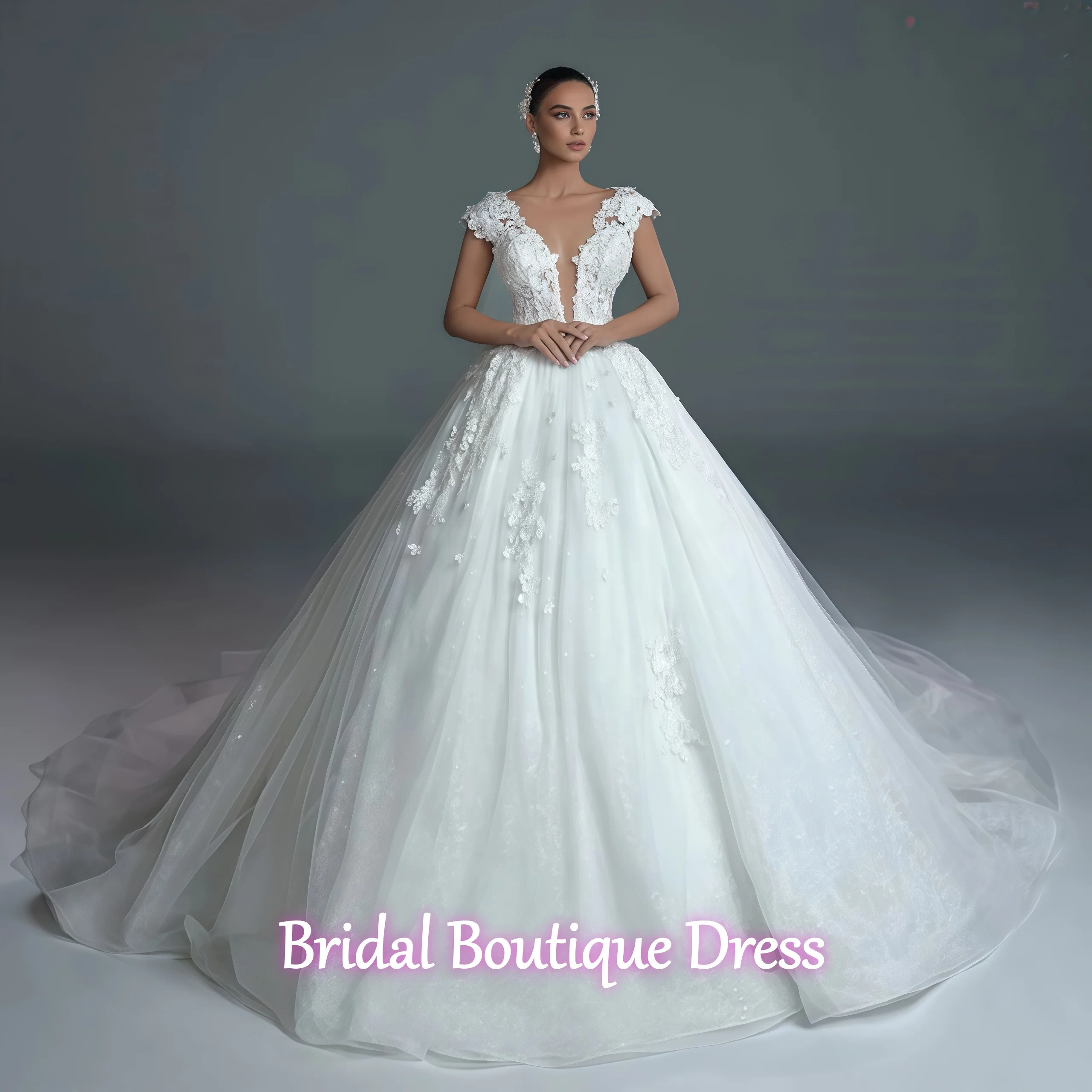 Customized Gorgeous Sexy Deep V-neck Wedding Dresses for Women Lace Appliques Corset Button  Train Bridal GownVestidos De Novia