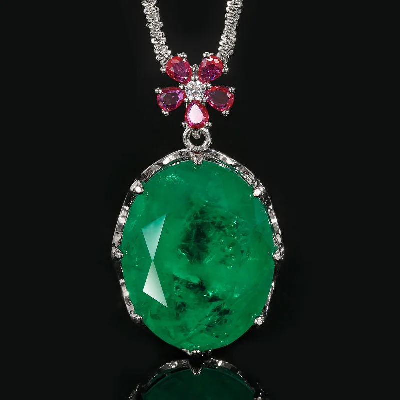 

Vintage Emerald Ruby Jewelry for Women 20mmx25mm Oval Cut Green Gemstone Necklace Adjustable Ring Luxury Wedding Party Gift