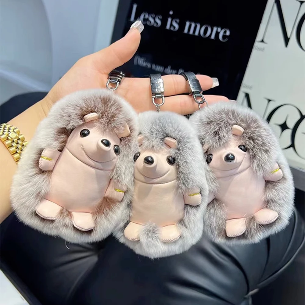 Cute Hedgehog Real Rex Rabbit Fur Key Chains Plush Toy Pendant Kids School Bag Hanging Ornaments Women Car Keyring Trinkets Gift