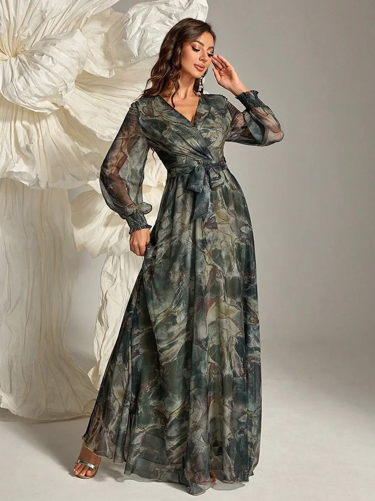 TOLEEN Women's Cross Wrap Summer Long Sleeve Dress 2024 New Spring Casual Elegant Floral Print Belted Formal Party Maxi Dresses