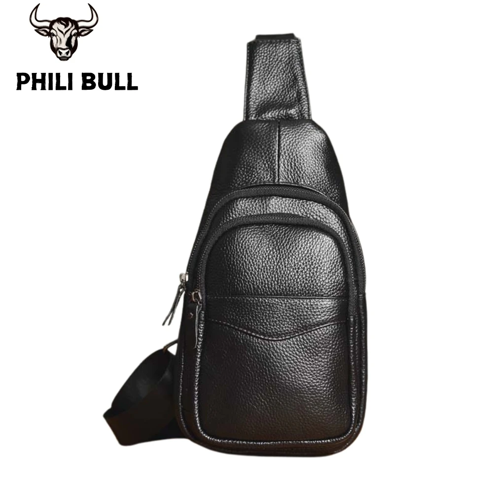 PHILI BULL Genuine Leather Men's Chest Bag Messenger Bag Shoulder Bag Casual First Layer Cowhide Waist Bag Black Men's Bag